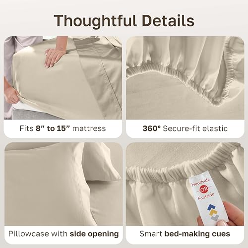 Image of California Design Den Twin Sheets Set - 600 Thread Count, 100% Cotton Sateen, Deep Pocket Twin Bed Sheets, Soft and Durable Bedding Set - Beige