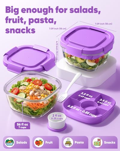 Image of Canfanni Glass Salad Container, 56oz Bowl with Airtight Lids, Tray, Fork
