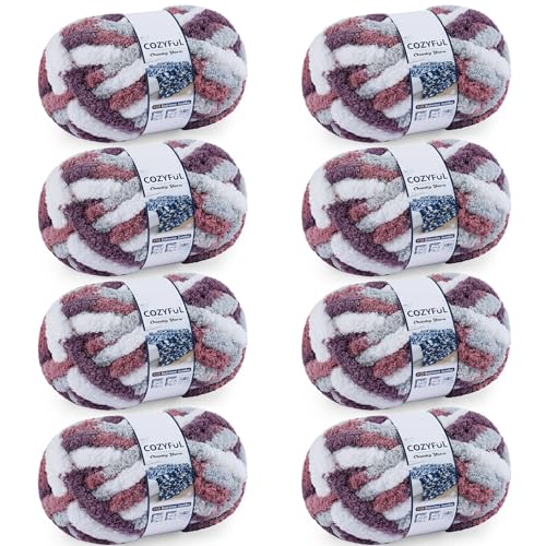Image of Cozyful Chunky Yarn for Hand Knitting - #10 Chunky Chenille Blanket Yarn, Jumbo Big Thick Chunky Yarns for Crocheting, Tie Dye Bulky Knit Yarns, 8 Skein (20 yds 8 oz Each Skein), Purple&Mauve&Grey