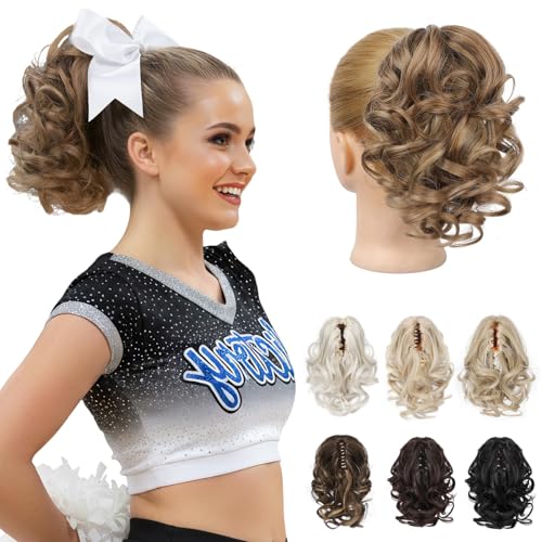 REECHO 9" Short Ponytail Extension, Classic Loose Curly Wavy Claw Clip Pony tails Hair Extensions HP001 Hairpieces for Women (Light Brown with Blonde Highlights)