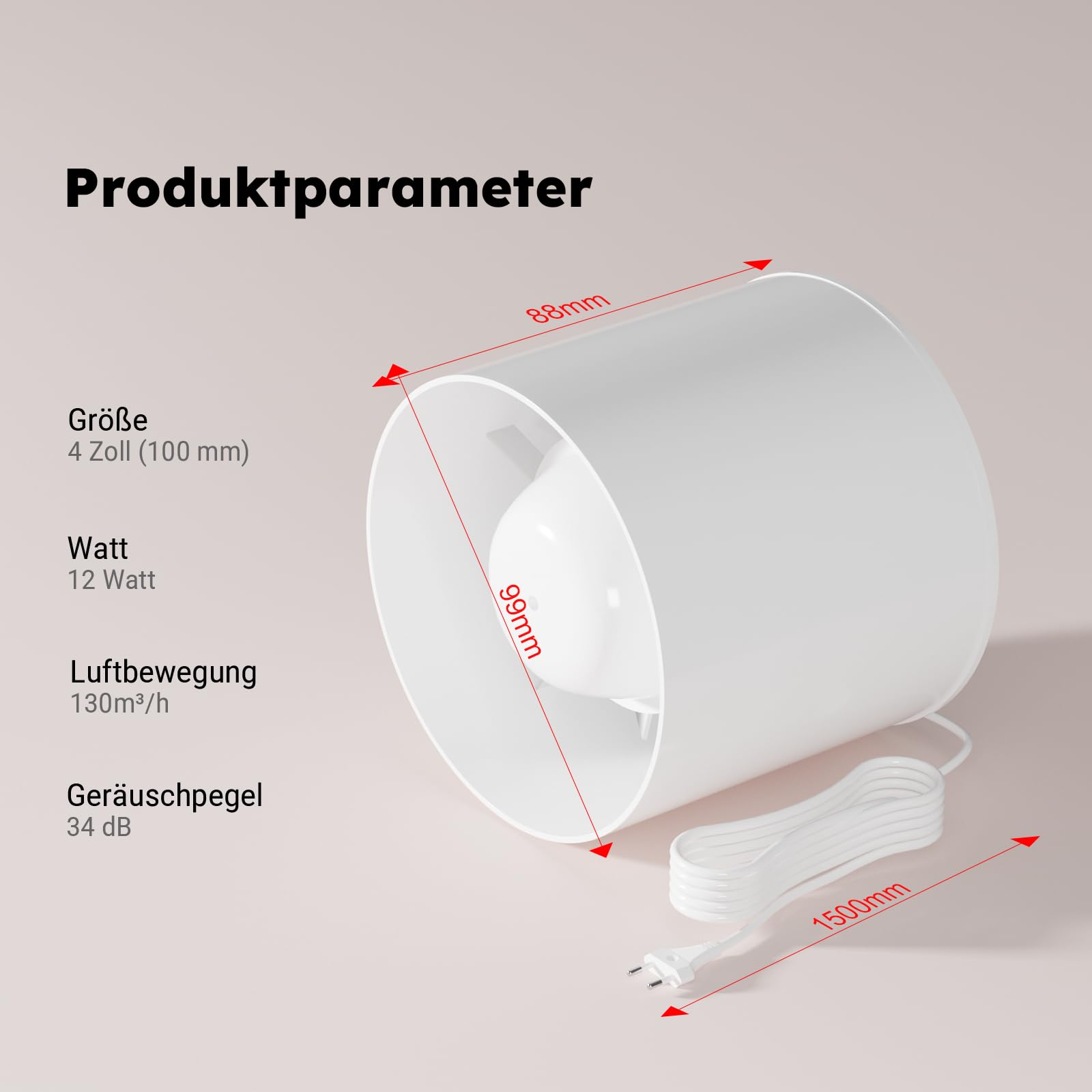 BAIFULAI Badkamerventilator 100 mm, afvoerventilator met terugslagklep, buisventilator, badkamerventilator, afvoerventilator met EU-stekker 95 m³/h, 12 W/34 dB wandventilator voor badkamer, toilet