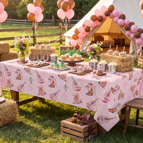 Image of 3 Pack Coquette Bow Cowgirl Tablecloths, Cowgirl Birthday Party Supplies | Boots and Bows Tables Cover Disposable Cowgirl Table Cloth for Girls Western Rodeo Birthday Bachelorette Party 54 X 108Inch
