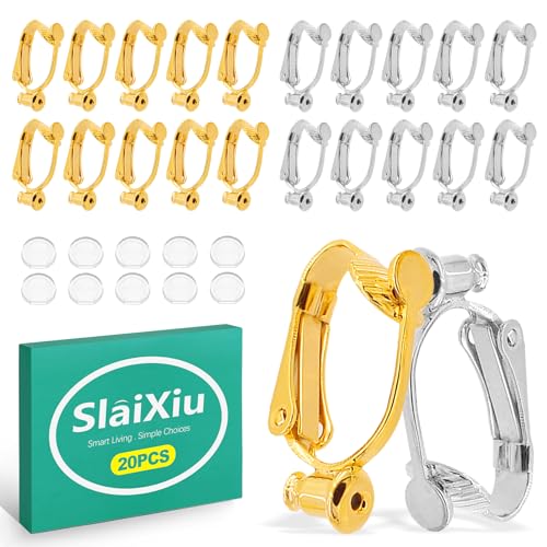 slaixiu 20PCS Clip-On Earring Converters with 10PCS Silicone Pads - Earring Clips for Non-Pierced Ears Silver & Gold for Jewelry Making