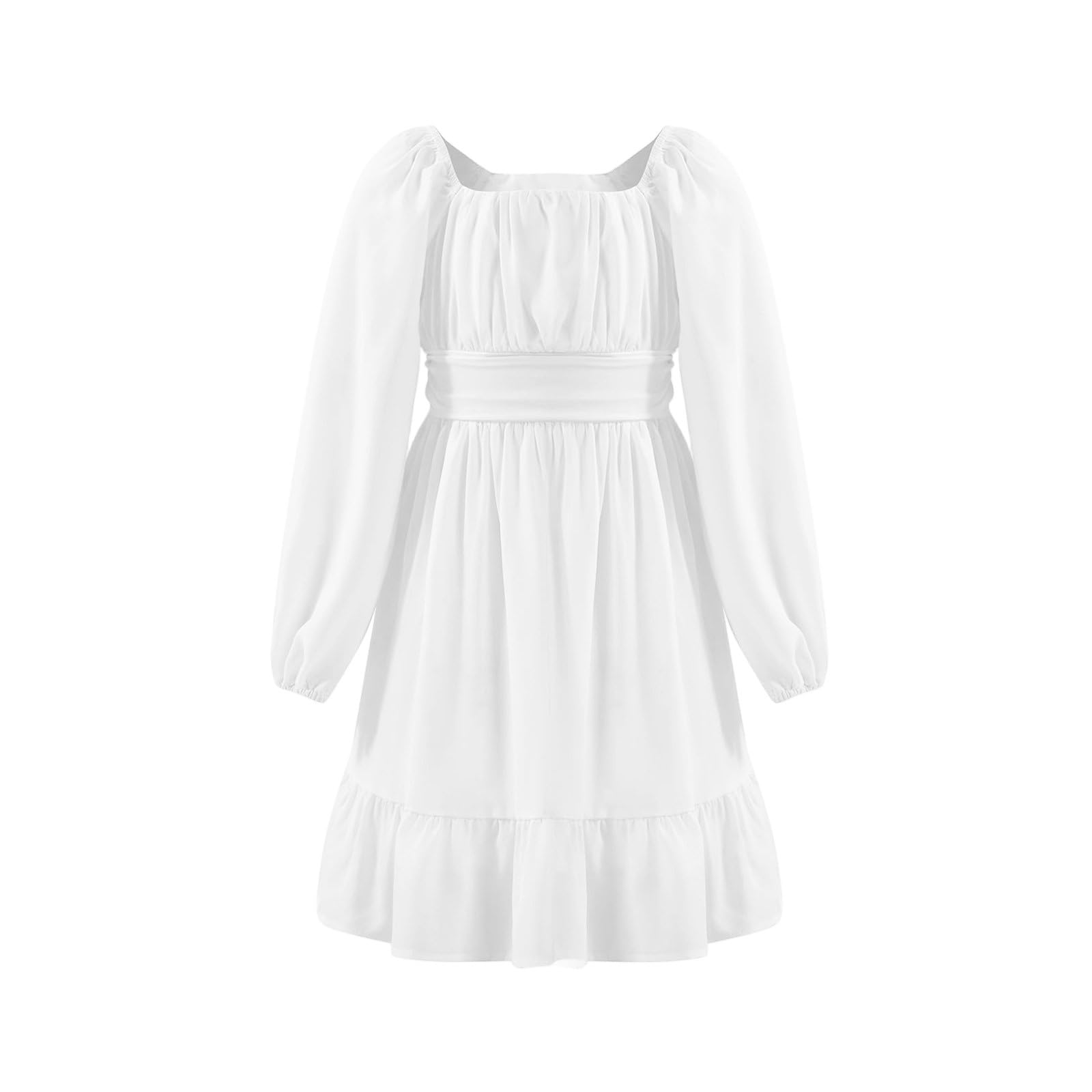 Vestido para niñas, cuello cuadrado, manga larga, acampanado, para verano, casual, cintura alta, plisado, con volantes, playa, vacaciones, boda