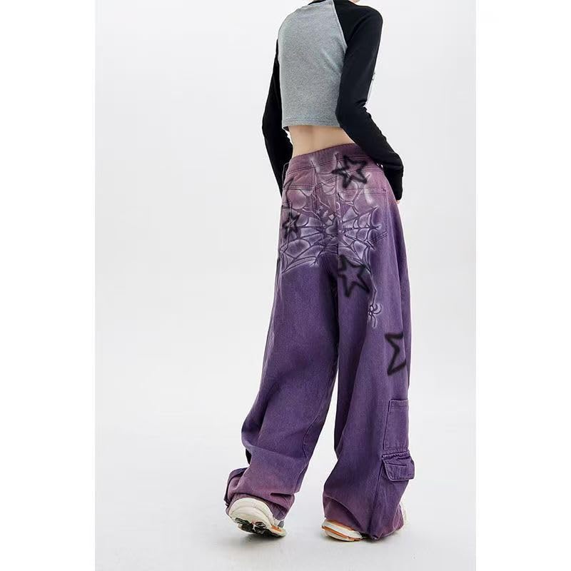 NCDUANSAN Harajuku American Retro Star Print Jeans with a Spicy Girl Design, Loose Personalized Straight Leg Wide Leg Jeans3