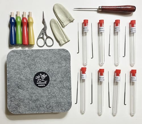 Morezmore M01728 25pc Needle Felting Tool Kit Essentials Starter Pack for Beginner Dry Needle Felting Needles Handles Felting Pad Finger Protectors Awl Scissors FSB