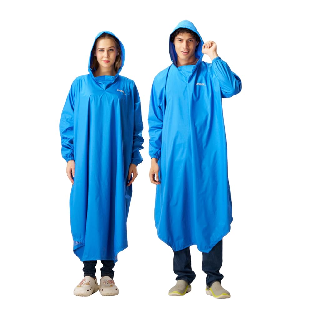 Zeel Unisex Outdoor Rain Poncho for Adult, Waterproof, Lightweight & Packable, Polyester Pullover Full Sleeve Hooded Rainwear, Raincoat for Camping, Hiking, Traveling (AZ31, Free Size, Light Blue)