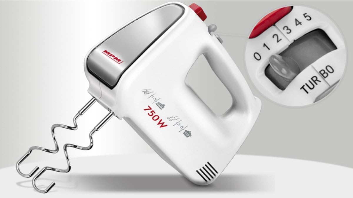 MPM - MMR-19 - Batidora de mano - Batidora de mano - 750 vatios - Con batidor para masa de galletas y gancho para amasar masa de levadura/pan - Con 5 velocidades y nivel turbo - Eléctrico (blanco)