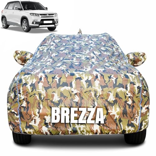 Image of 100% Waterproof Car Body Cover for Maruti Suzuki Brezza (2016-2025) with Mirror Pocket (Heat & UV Resistant, Triple Stitched, Soft Lining, Bottom Elastic & Piping) Camouflage, Military Print
