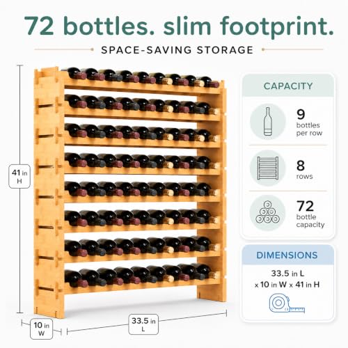 Image of NutriChef 72 Bottle Wine Rack Stackable Bamboo Freestanding, 8-Tier Modular Shelf, Sturdy Wobble Free, Upgraded 2026 Design, Easy No-Tool Assembly for Kitchen, Cellar or Bar Storage 33.5 inch x 10 inch x 41 inch