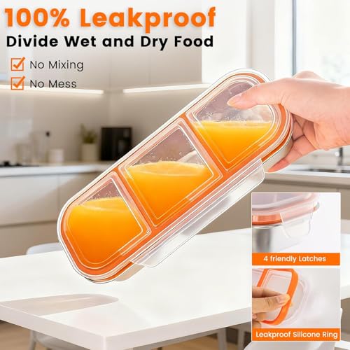 Image of Stainless Steel Snack Containers with Lids, 3 Compartment Leakproof Reusable Snack Box for Nuts, Fruits- Divided Grab & Go Container for School, Office, Travel (3 Compartment)