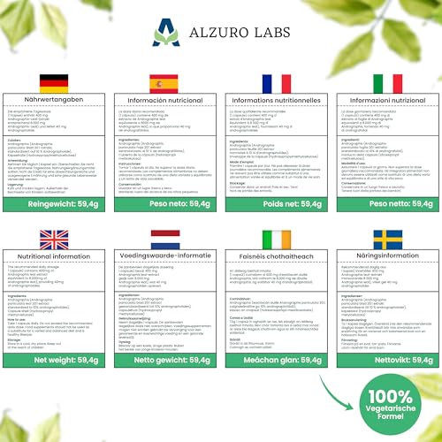 Alzuro Labs Andrographis Paniculata | 8.000mg Äquivalent (400mg 20:1 Kalmegh Extrakt, 10% Andrographolides) | 120 Vegane Kapseln | Hochdosiert | 4-Monatsvorrat | Laborgeprüft | GMP-zertifiziert
