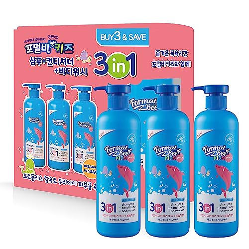 Image of Kids 3in1, Tear Free, Paraben Free, Hypoallergenic Shampoo+Conditioner+Body wash with Propolis, Peach Scented, 16.9 fl.oz, 500ml (Pack of 3) (Peach)