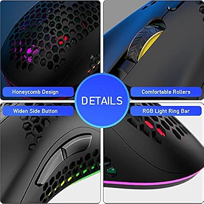 Wireless Lightweight Gaming Mouse Honeycomb with 7 Button Multi RGB Backlit Perforated Ergonomic Shell Optical Sensor Adjustable DPI Rechargeable 800 mAh Battery USB Receiver for PC Mac Gamer(Black)