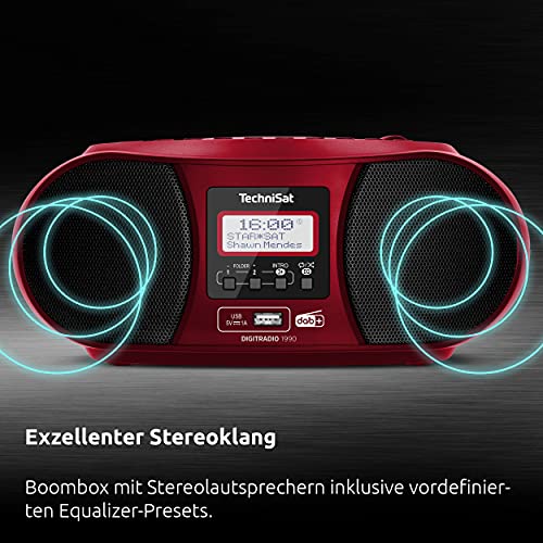 TechniSat Digitradio 1990 – stereo boombox z radiem DAB+/FM i odtwarzaczem CD (strumieniowe przesyłanie audio Bluetooth, gniazdo słuchawkowe, USB, wejście AUX in, funkcja ładowania, zegar, moc wyjściowa 2 x 1,5 watów) czerwony