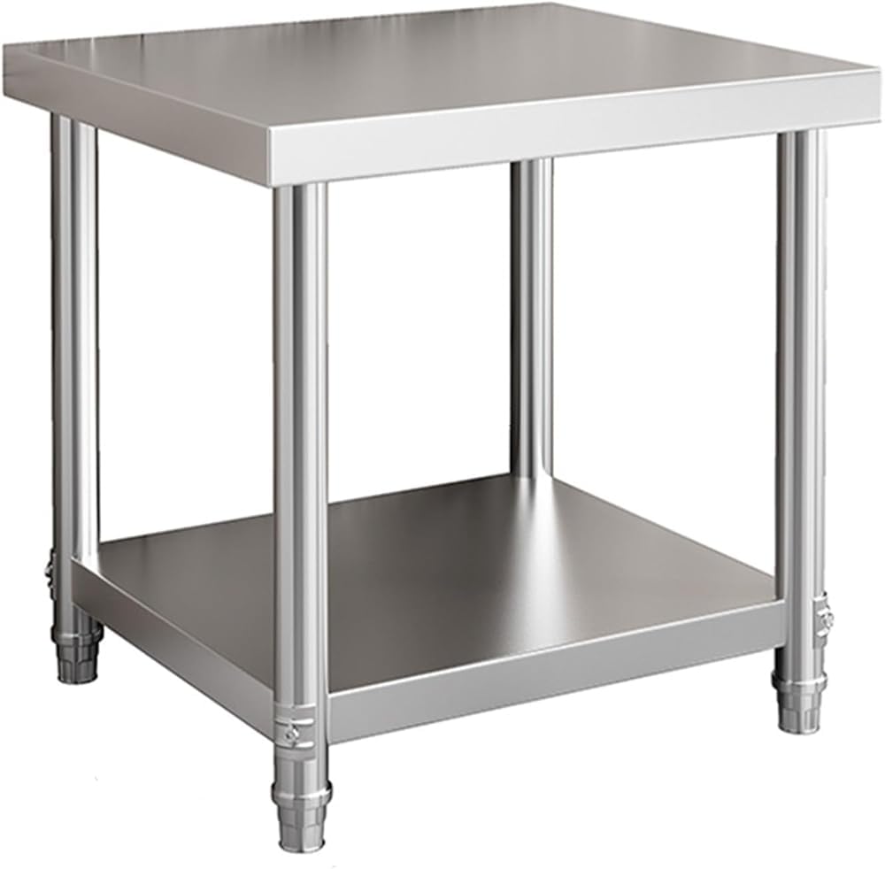 Mesa comercial ajustable de acero inoxidable con estantes dobles abiertos, estación de trabajo de cocina versátil para preparación, cocina y almacenamiento de alimentos