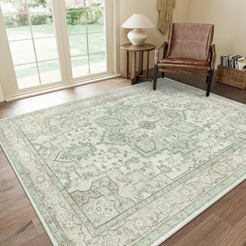 GENIMO 10x12 Area Rugs for Living Room, Machine Washable Non Slip Vintage Rugs, Low Pile Lightweight Chenille Print Rug for Bedroom, Dining Room, Home Office, Oat Light