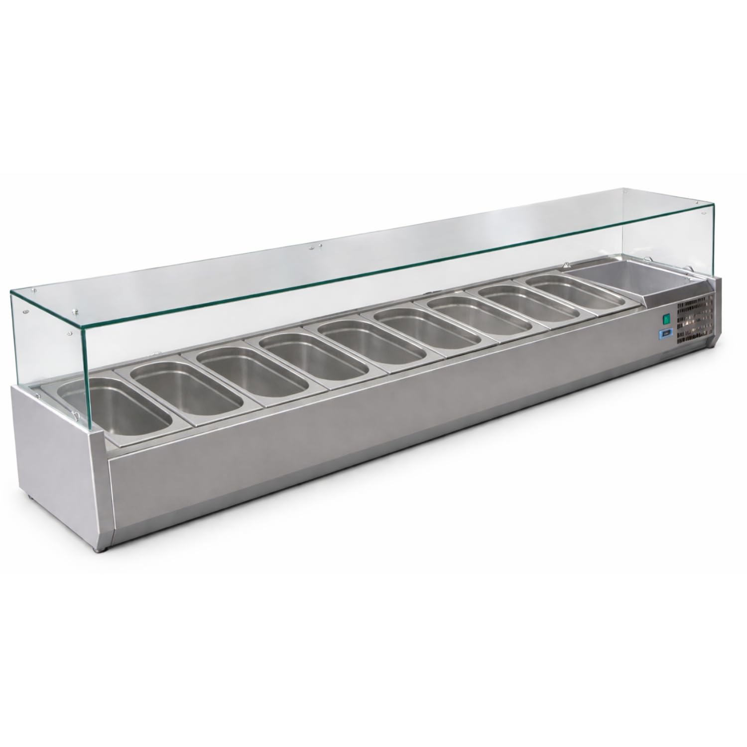 Escaparate ensalada refrigerada 200 cm – Capacidad 9 contenedores GN 1/3 – Frío Ventilado – Acero Inoxidable – Ideal para Pizzerías y Restaurantes