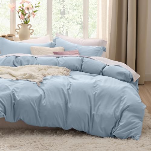 Image of Bedsure Prewashed Duvet Cover Queen, Cotton-Like Bedding Set, Light Blue | Ultra Soft, Relaxed Texture, 90 inchx90 inch Breathable Comfort, Hidden Zipper, 8 Corner Ties, Easy Care, OEKO-TEX, Year-Round Use
