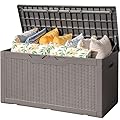 Flamaker Outdoor Storage Box 100 Gallon Waterproof Resin Deck Box with Air Rod Indoor Outdoor Lockable Storage Bench for Patio Cushions, Tools, Pool Accessories (Brown)