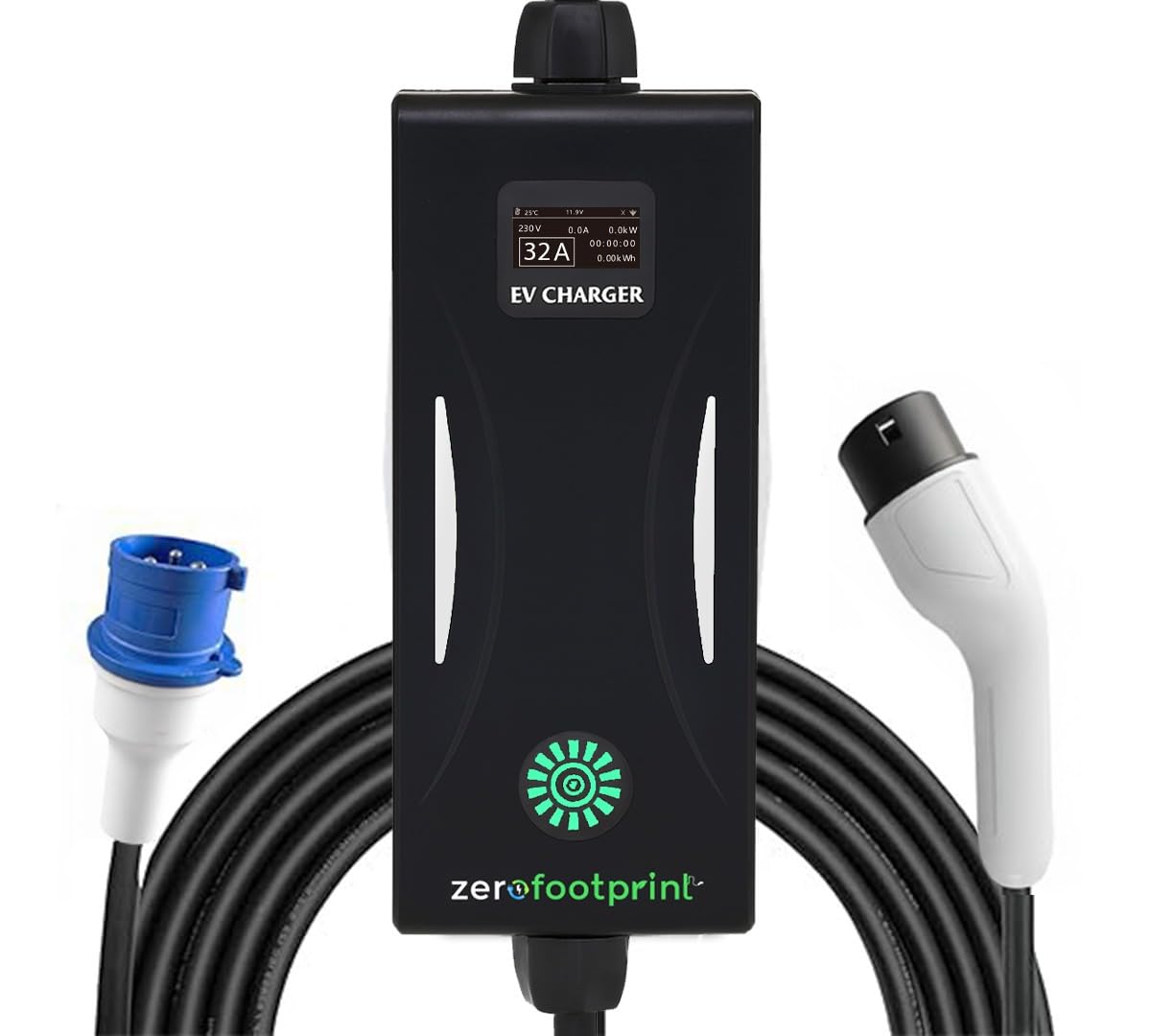 ZFP ZeroFootprint 7.4 kW Portable EV Car Charger | 32A Single Phase | 8A-32A Adjustable Current | LCD Display | Multiple Protections | IP65 Waterproof | Up to 5 Year Warranty