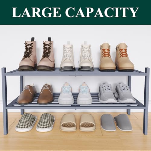 Image of Smiry Bamboo Shoe Rack, 5 Horizontal Slats, 2 Tier - 26.8 inch Wide, Grey