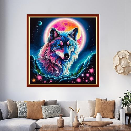 Image of Foxhool Beginners Cross Stitch Kits Stamped Full Range of Embroidery Kits for Adults DIY Cross Stitches kit Embroidery Patterns for Needlepoint kit-Colorful Moon Wolf 17.7x17.7 inch