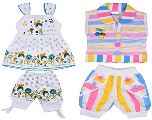 PARANETIC Cotton Baby Girls Summer Set New Born Baby Set Suit Printed Cotton Top & Capri (Pack Of 4 (2 Tops + 2 Shorts) Size 0 Months Up To 12 Months
