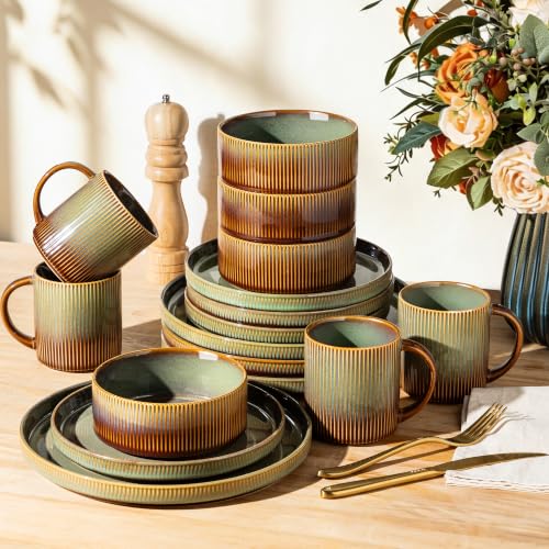 Image of TheTerra Ceramic Dinnerware Set for 4, 16-Piece Plates and Bowls Set | Lightweight Porcelain Dish Set, Scratch Resistant, Oven & Microwave & Dishwasher Safe, Sage Umber
