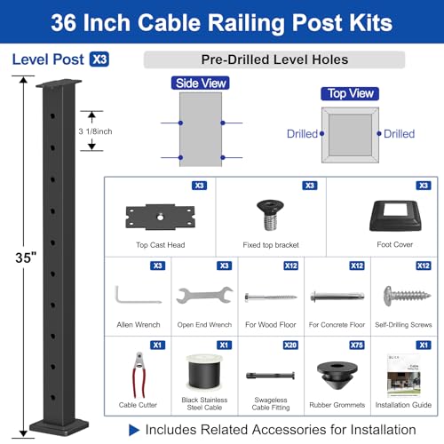 Image of BLIKA 8FT-16FT Complete Set 36 inch Cable Railing Post Kit, Black Level Drilled Deck Railing Posts, Swageless Cable Railing System Include 3Pack Level Posts,1 /8 inch 200FT Stainless Steel Cable(No Handrail)