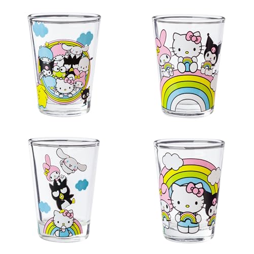 Image of Silver Buffalo Sanrio Hello Kitty and Friends Rainbow Featuring Badtz-Maru, My Melody, Cinnamoroll, Kuromi, Little Twin Stars, Pochacco, Keroppi, Tuxedo Sam, Chococat 4 Pack Mini Glasses, 1.5 Ounces