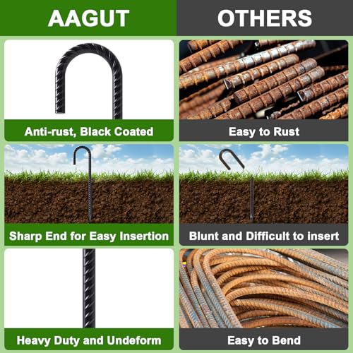 AAGUT Rebar Stakes 16 Inch J Hook Heavy Duty 8 Pack, 3/8 Inch Black Coated Metal Steel Ground Anchors Chain Link Fence Stakes for Camping Tent, Inflatables, Yard Decorations, Canopies & Swing Sets by AAGUT - Image 3