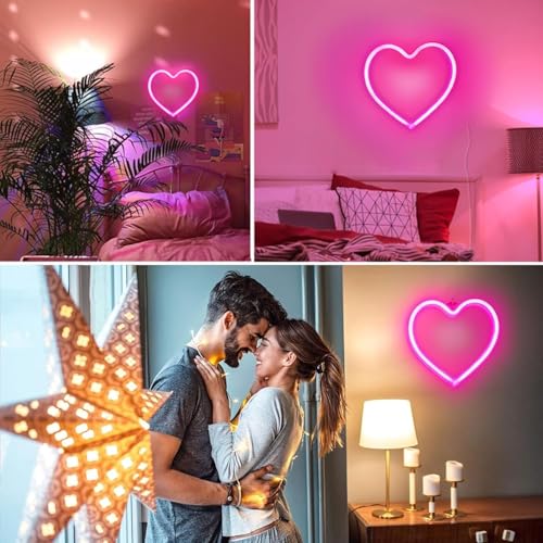 FULLBELL Pink Heart Neon Sign, LED Light Decoration Lamp, Battery or USB Powered, Table/Wall Decor (Pink, 1 Pack)
