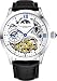 Stührling Original Mens Stainless Steel Automatic Watch, White Skeleton Dial, Blue Accents Dual Time, AM/PM Sun Moon, Black Leather Band, 571 Series