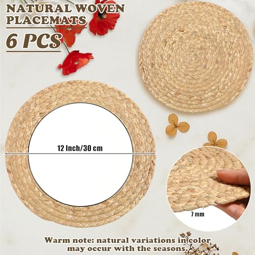 Image of Kochorie Set of 6 Round Woven Placemats 12-Inch Natural Water Hyacinth Plant Placemats Hand-Woven Boho Rattan Placemat Wicker Weave Table Mats for Home Dinner Plates Holiday Supplies