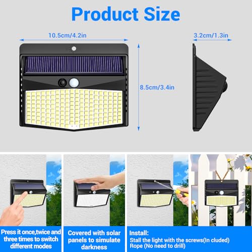 Peasur Solar Lights Outdoor Garden, Upgraded Wireless 168LED Solar Security Lights Motion Sensor, IP65 Waterproof Solar Powered Wall Lights with 3 Modes for Yard, Door, Fence, Garage (2 Pack) - Image 6