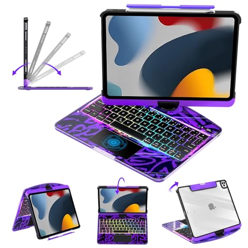 Image of Clear Keyboard Case for iPad 10.2 inch 9th /8th /7th (2021 /2020 /2019) 360 Swivel Multi-Touch Trackpad,with Wireless Bluetooth 3-Brightness &7-Color Backlit, Pencil Holder Purple