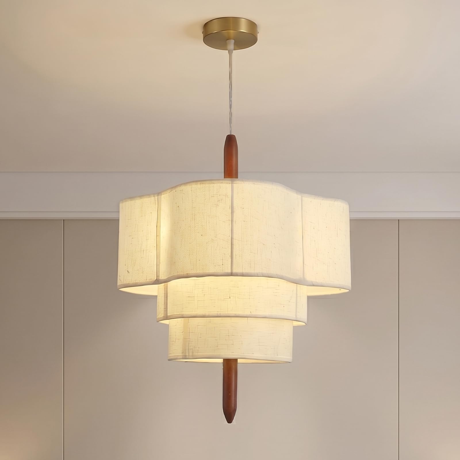 Lampadario Camera Da Letto Lino,40 cm Lampadario Soggiorno A 3 Piani Con Decorazione In Oro, Metallo E Legno Massello,Altezza Regolabile E27 Moderno Lampadari Cucina Per Cameretta Ristorante
