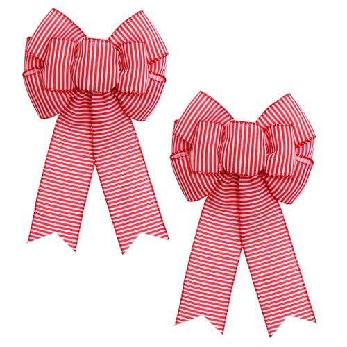 Ftuuo 2pcs Red White Stripe Wreath Bows Farmhouse Burlap Bow for Wreath Rustic Crafts Decorative Hanging Ornament Bow for Indoor Outdoor Wedding Holiday Birthday Party Decor