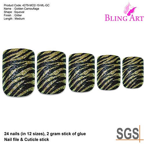 False Nails by Bling Art Gold Black French Manicure Fake Medium Tips with Glue