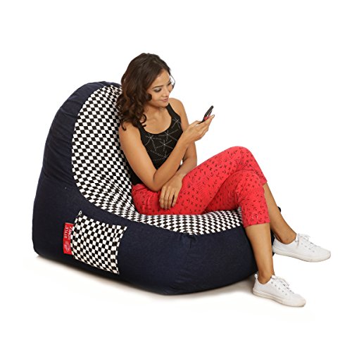 Image of Style Homez Urban Design Denim Canvas Checkered Printed Chair Bean Bag XXL Size Filled with Beans Fillers