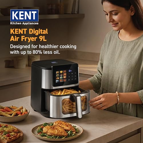 Image of KENT Digital Air Fryer 9L| 2200W |Bake,Grill&Roast|Up to 80% Less Oil Usage| 12 Preset Menu |Digital Display & Touch Control Panel |Glass Window with in built Light|Dual Heating Element at Top &Bottom