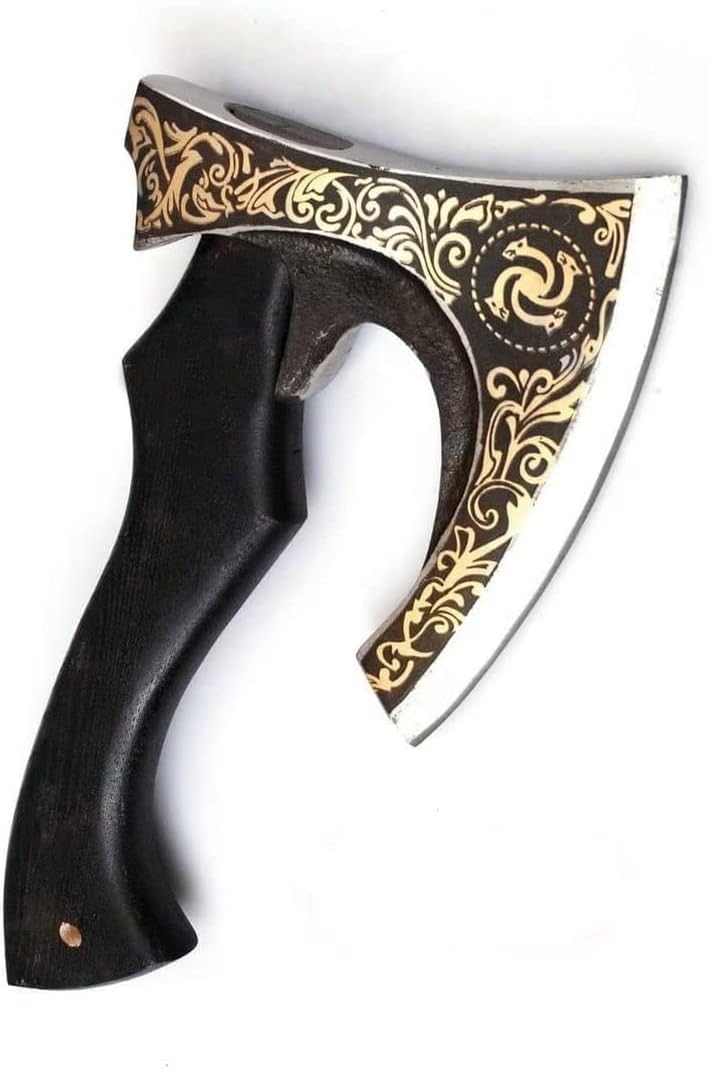 AXE004AM FS Crafts 10.00" Handmade Viking Axe Carbon Steel Hunting Axe Handmade Forged Axe Carbon Steel Head Hatchet with Leather Sheath Ragnar Black Handle Outdoors Fishing Camping Knife