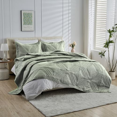 Image of Kingnex Oversized King Bedspreads 128x120 Ultrasonic Quilted Sage | Extra Wide Coverlet for Tall Split King Adjustable Bed or Cal King Size, 3 Piece Include 1 Quilt, 2 King Size Pillowcases