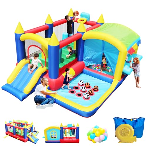 Inflatable Bounce House with Slide, 7 in 1 Bouncy Castle with 520w Blower,Toy Market Stand, Tic-tac-Toe, Jumping Area, Basketball, Boxing Column, Bouncer House for 3-10 Kids Indoor Outdoor Multicolor