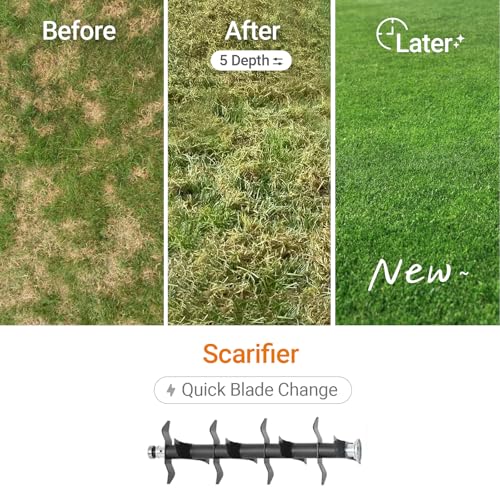 Image of Cordless Lawn Dethatcher Compatible with DeWalt 20V Battery(Tool Only), 40V Dual Battery Powered Brushless 2-in-1 Scarifier, 15'' Wide, 12-Gal Collection Bag, Air Boost Technology, 5 Adjustable Depths