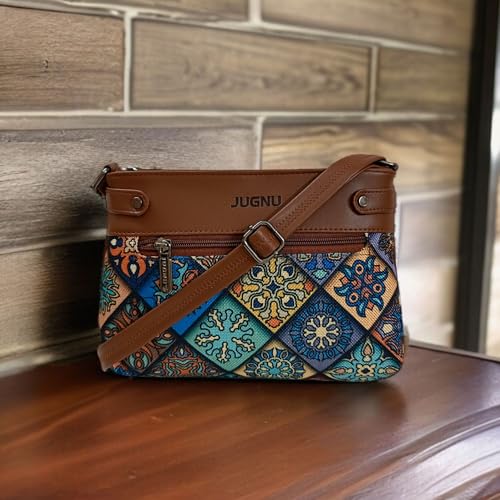 Image of JUGNU Sling Bag for Women, Jute Fabric, Crossbody Style, Slim Design, Multicolour, Medium Size, Lightweight, Adjustable Strap, Zipper Closure, 5 Pockets