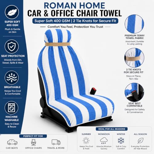 Image of ROMAN HOME Car & Office Chair Towel, Blue Stripe, 1Pc | 400 GSM, 2 Tie Knots