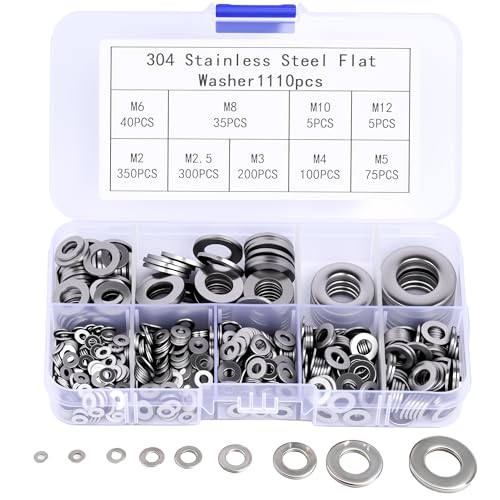 Arandelas Planas de Acero Inoxidable, 1110 Piezas Arandelas para Bisagras de Puertas para Tornillos, Pernos, Sujetadores, 9 Tamaños, M2 M2.5 M3 M4 M5 M6 M8 M10 M12