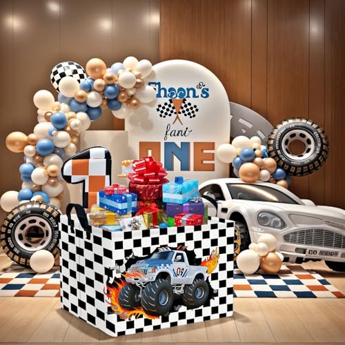 Image of Racing Car Storage Basket Monster Truck Toy Book Shelf Basket Kid Room Decor Gift (Black and White Checkered)